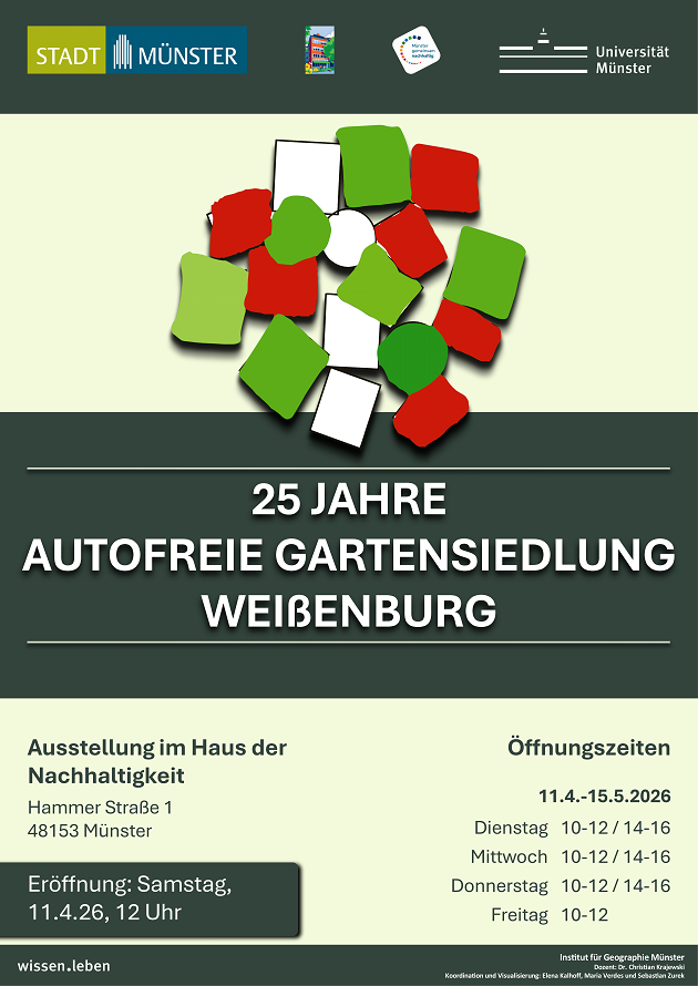 Poster 25 Jahre Autofreie Gartensiedlung Weissenburg, Aussstellung im Haus der Nachhaltigkeit, Hammerstr. 1, M�nster, Er�ffnung 11.04.26 12 Uhr
